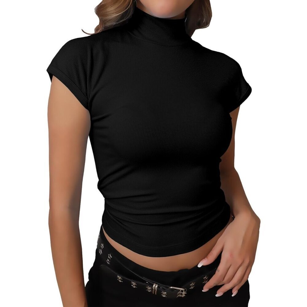 Women's Ribbed Knit Turtleneck Shirt Cap Sleeve Slim Fit Summer Top